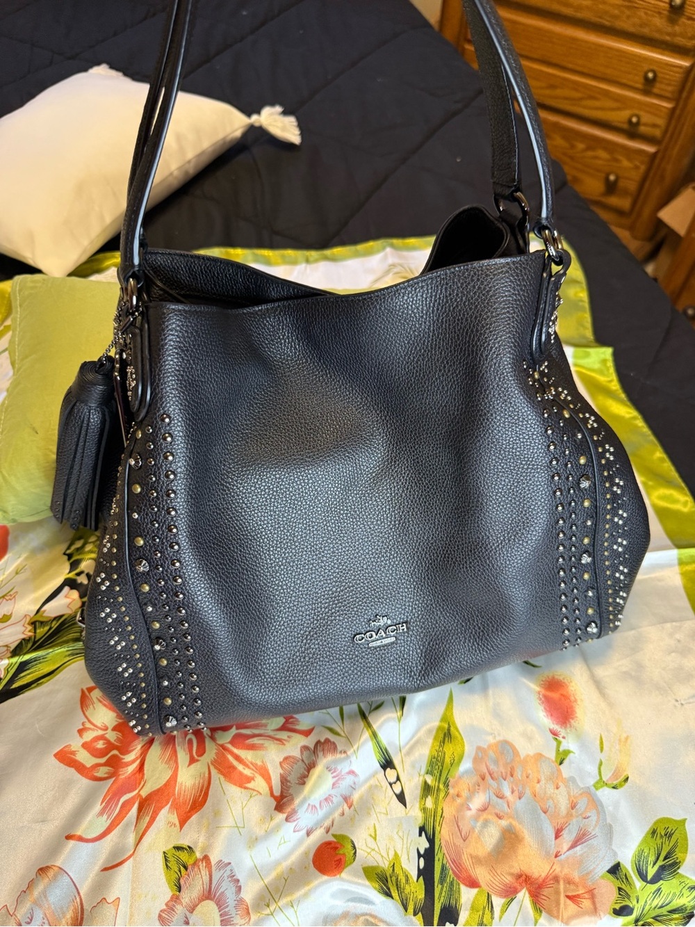 Coach Edie 31 Shoulder Bag – Black Pebbled Leather Bandana Rivets